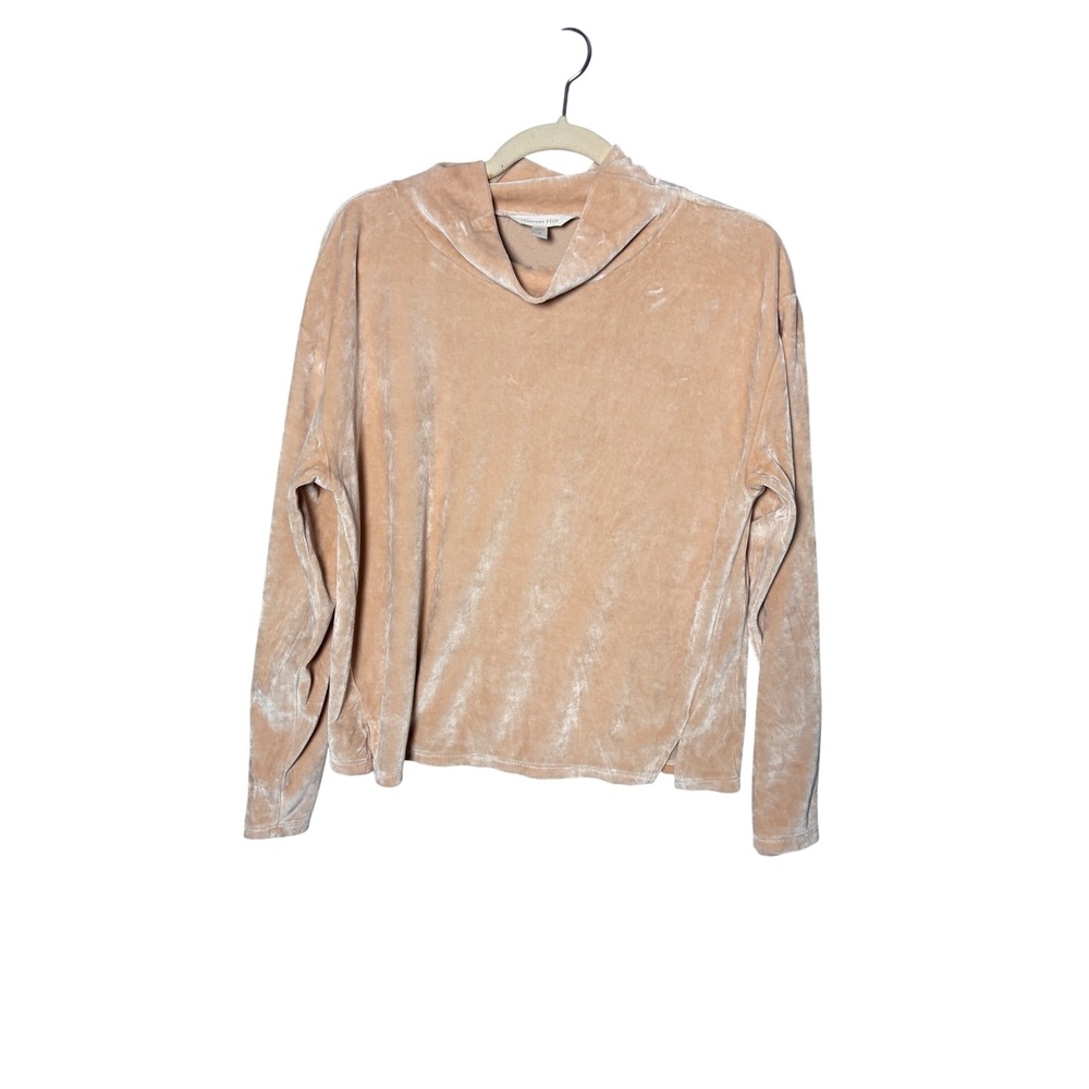 Garnet Hill Womens Funnel Neck Velvet Top M Beige Velour Pullover Cozy Holiday